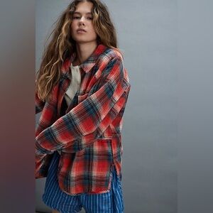 We The Free Cozy in Plaid Red Blue Waffle Knit Oversized Button Down Shirt